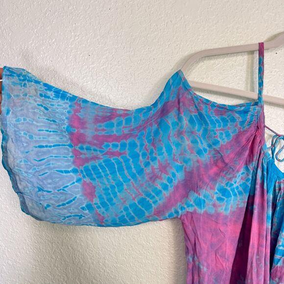 Sacred Threads Dress Women Medium Cold Shoulder Tie Dye Rayon Tunic Coverup Boho - Picture 4 of 11